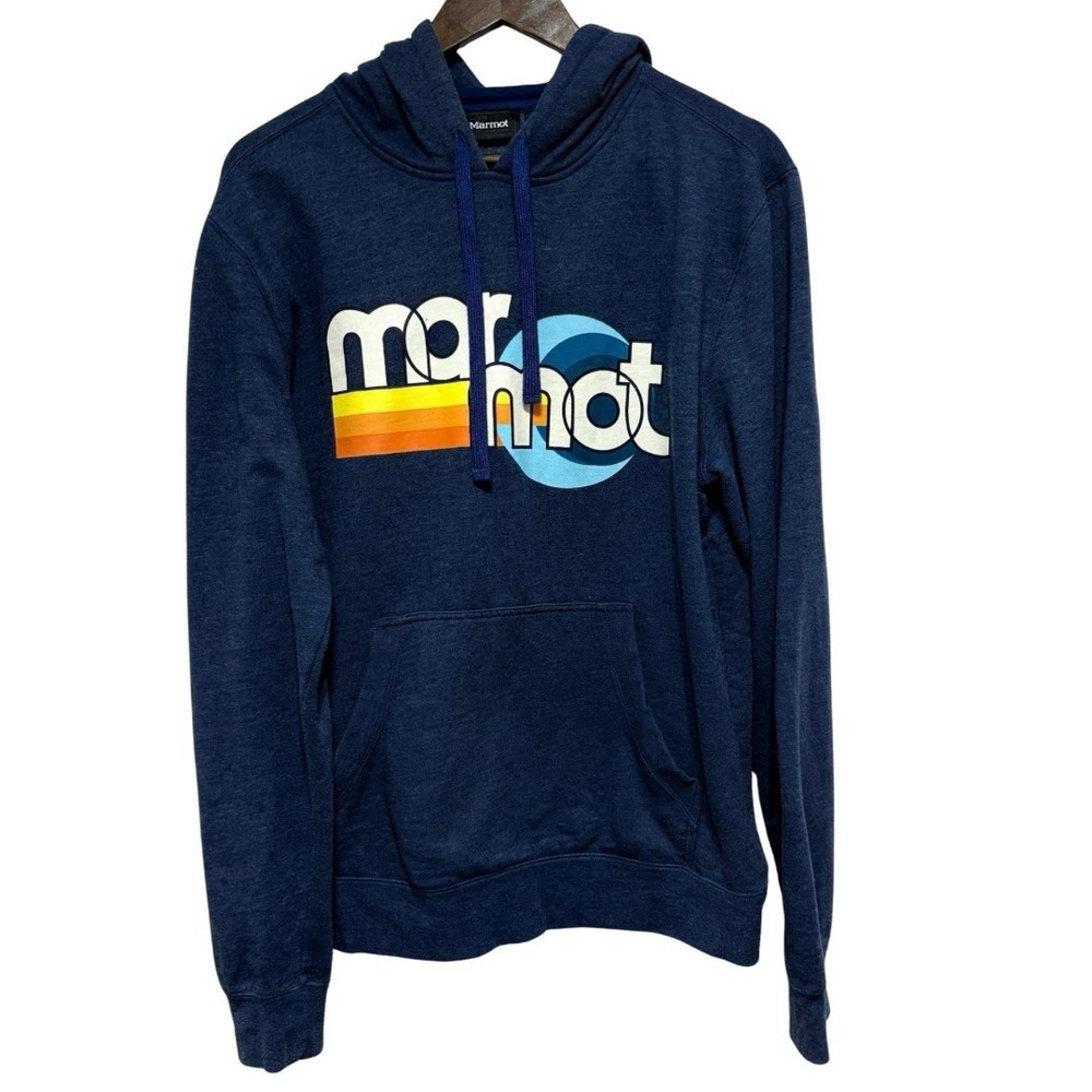 Marmot Sweatshirt Womens M Blue Retro Logo Coastal Hoodie Pocket Fleece Outdoor